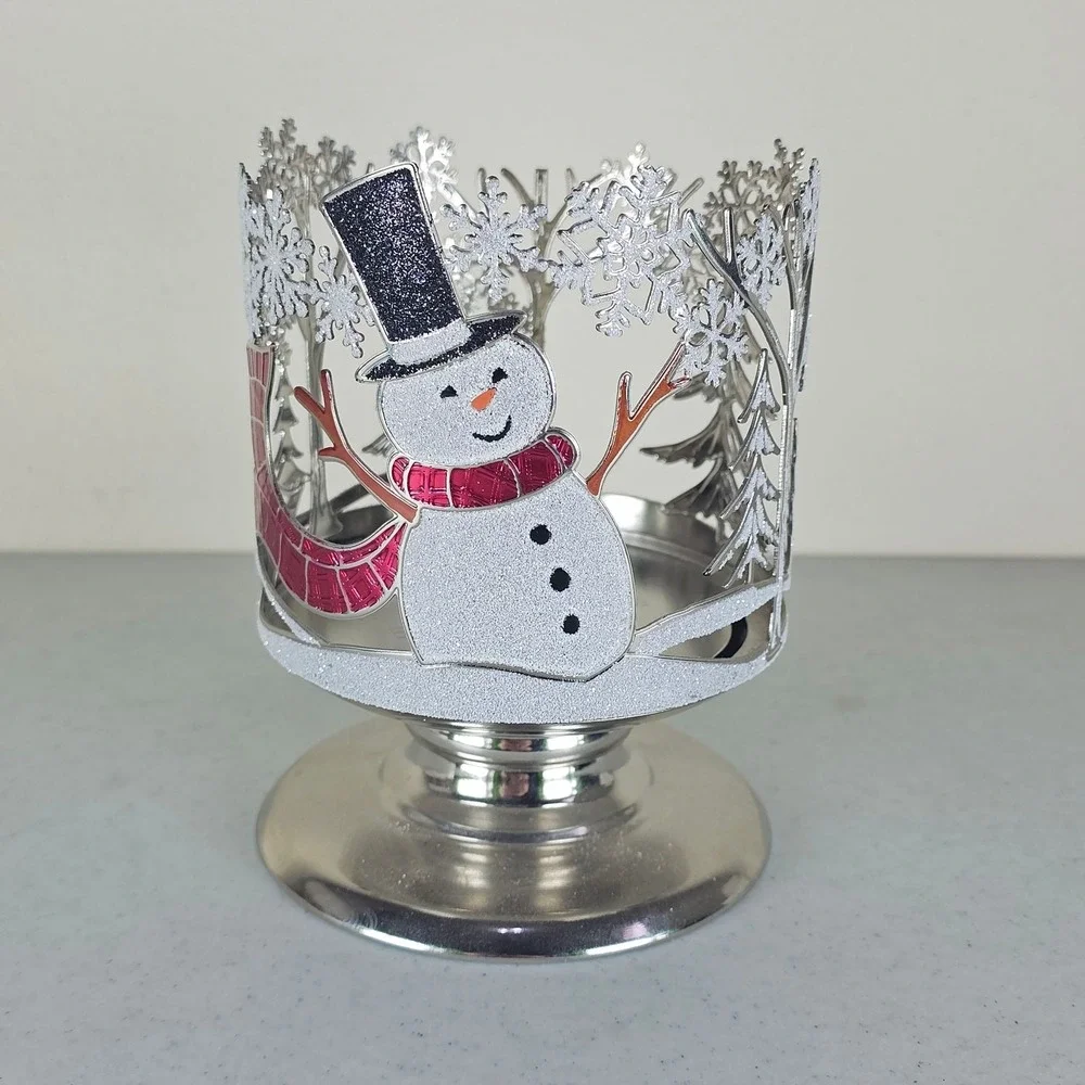 Bath & Body Works Glitter Snowman‎ Trees Silver Pedestal 3 Wick Candle Holder